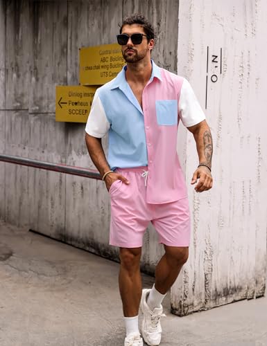LecGee Men Summer Casual Short Sets Contrast Short Sleeve Button Down Shirt and Shorts Set 2 Piece Outfits Tracksuit4