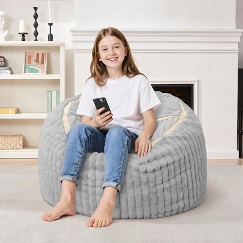 Image of 2FT Bean Bag Chair 2'Bean Bag Chairs with Memory Foam Filled Small Bean Bag | Bean bags with Machine Washable Cover Corded Plush Fabric, Comfy Chairs for Living Room Bedroom Dorm, Lightgrey with Beige