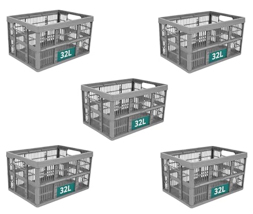 Optimal Products Strong Folding Collapsible Plastic Storage Crates Boxes Stackable Basket 32L (PACK OF 5)
