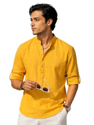 Image of Majestic Man Men's Pure Cotton Solid Mandarin Collar Slim Fit Roll-Up Sleeves Short Kurta Lightweight Summer Kurta for Daily & Occasion Use