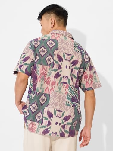 Image of The Souled Store Ikat Soul Men and Boys Short Sleeves Collared Neck Button Front Multicolor All Over Printed Cotton Linen Holiday Shirts