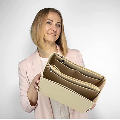 Image of Handcuffs Women Purse Organizer Insert With Zipper Pocket | Felt | Tote Bag | Organiser | Handbags | Divider | Packing Cube | Travel | Makeup | Cosmetic | Storage - Beige