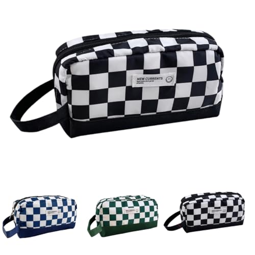 Estuche clásico de tablero de ajedrez blanco y negro de gran capacidad, bolsa de almacenamiento para estudiantes, estuche a cuadros, Black, moda