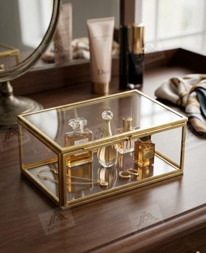 Image of Art India Collections Rectangular Glass Jewelry Box in Brass 5x3x2 Inches