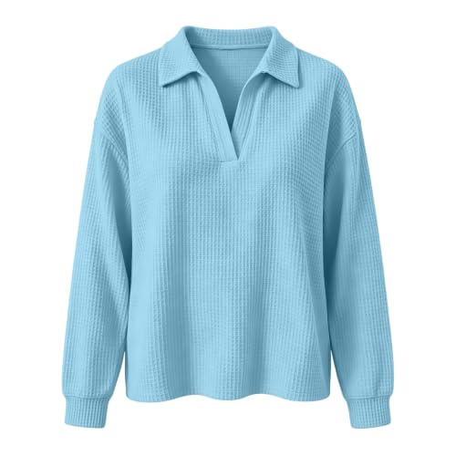Womens Waffle Knit Collared Shirt Long Sleeve V Neck Pullover Top | Waffle Shirts for Women, Loose Fit Tops, Long Sleeve Blouses, Casual Fall Shirts, Everyday Layering, Womens Fall Fashion 2026 - image 5