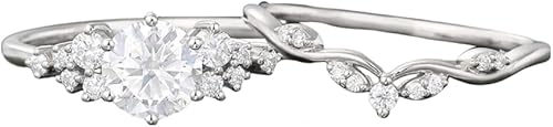 Miniatura 2 de Anillo de compromiso de piedras preciosas de corte redondo de 1.0 quilates para mujer, 2 piezas, único juego de anillos de boda curvados Art Deco de