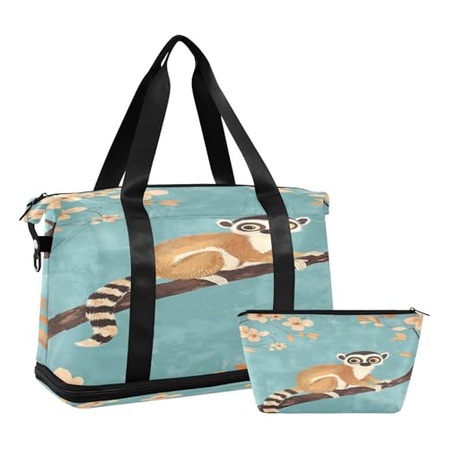 Ringtail Lemur Flowers Teal Travel Duffel Bag for Women Men Gym Bag with Shoe Compartment Wet Pocket Carry On Weekender Overnight Bags for Travel Weekend Getaway2