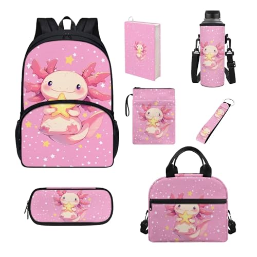 Set di 7 pezzi zaino per scuola elementare primaria sencondaria ragazze ragazzi bookbag borsa pranzo astuccio Axolotl Taglia unica Set di zaini per la