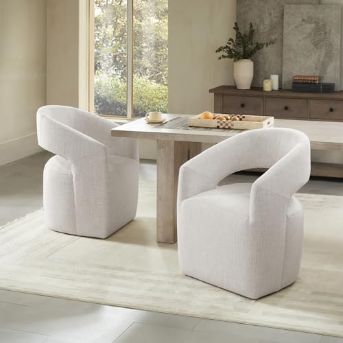 Image of KISLOT Upholstered Dining Chairs with Casters, No Assembly Modern Barrel Armchair with Rollers for Dining Room, Bedroom, Living Room, Reading Room, Home Office, Set of 2, Beige