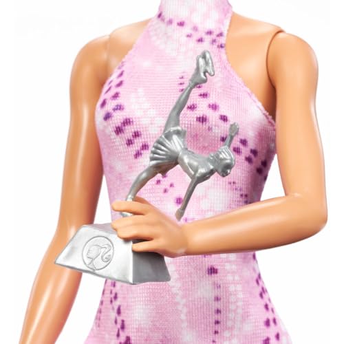 Image of Barbie Careers Fashion Doll & Accessories, Brunette in Removable Pink Skate Outfit with Ice Skates & Trophy