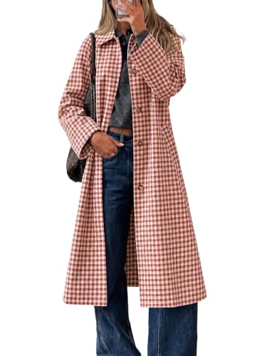 Image of Cicy Bell Womens Plaid Trench Coat Fall Lapel Single Breasted Long Jacket