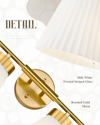 Image of Bathroom Light Fixtures Brushed Gold, HWH 4 Light Vanity Lights Over Mirror, Modern Wall Lamp Bathroom Lighting with Frosted White Striped Glass, 5HZG97B-4W BG