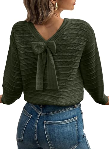 Image of EVALESS Sweaters for Women Long Sleeve Fall Outfits 2026 Back Bow Knot Sweaters Round Neck Solid Knit Pullover Tops