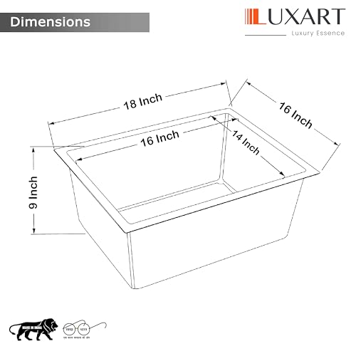 Image of LUXART Stainless Steel 16x18x9 Inch Kitchen Sink Large Single Bowl Sink with Vegetable Basket & Waste Kit 1mm Thick | Soundproof Matt Finish | Rust-Free Modern Design for Home