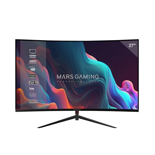 Mars Gaming MV-27C, Monitor Gaming Curvo 27” FHD 1080p 200Hz, HDR10 1ms, FreeSync y G-Sync, Monitor PC Sin Marco, Inclinación 20°, Low Blue Light y Flicker Free, HDMI + DisplayPort + Jack 3.5, Negro