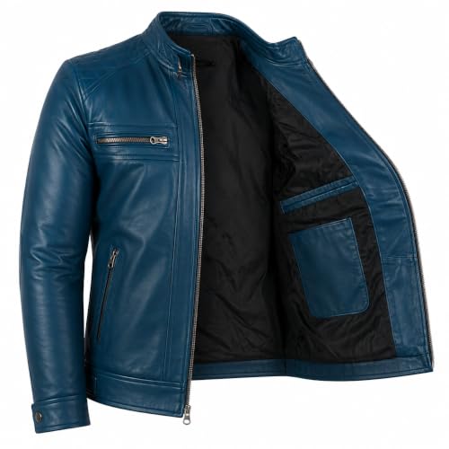 Image of Genuine Leather Men's cafe racer jacket Sheepskin Quilted Motorcycle Style Lambskin Leather Jacket Men