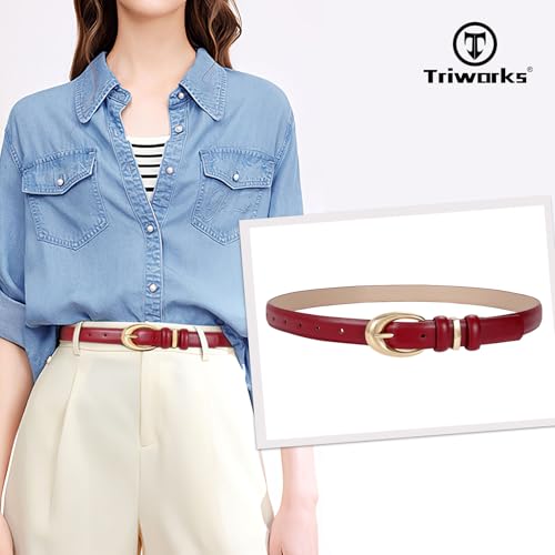 Image of TRIWORKS Women Leather Belt for Jeans Pants Fashion Ladies Skinny Faux Leather Dress belt with Gold Buckle