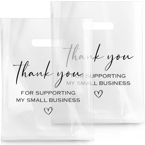 Crtiin 100 Pcs Clear Merchandise Plastic Shopping Bags 9 x 12 Inches Thank You for Supporting My Small Business Bags with Die Cut Handles for Small Business Retail Boutique Store(12 x 15 Inches)