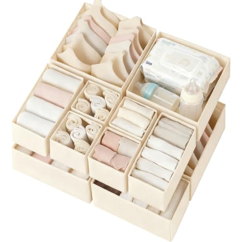 Image of Criusia Drawer Organizer Clothes 12 Pack, Dresser Organizer for Nursery Bedroom Closet Organization and Storage - Baby Clothes Organizer Bins - Drawer Divider for Sock Underwear Bra Ties (Beige)