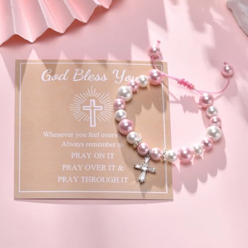 Image of MEALGUET Cross Bracelet Baptism for Girl : Pink White Bead Cubic Zirconia Rosary Christian Cross Charm Bracelet Religious Jewelry First Communion Confirmation for Teen Girls Daughter Niece Kids