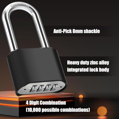 Image of Heavy Duty 4-Digit Combination Steel Padlock | Resettable Code Lock with 10,000 Combinations & 8mm Hardened Steel Shackle | High Security Metal Padlock for Gym, Locker, Gate & Travel (Black)