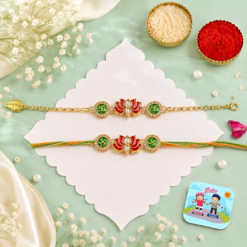 Image of CraftVatika Rakhi Gift Combo Set for Brother and Bhabhi, Premium Designer Lotus Rakhis for Rakshabandhan, Stylish Lumba Rakhi for Bhabhi, Raki with Best Wishes Card and Tillak Set for Him
