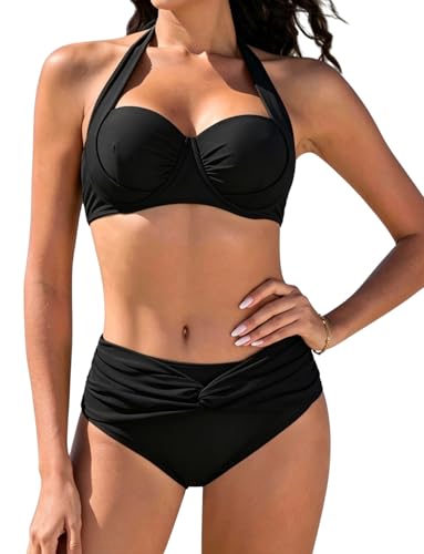 JFAN Traje de Baño de Mujer Talle Alto Conjuntos de Bikinis Push Up Swimwear Color Block Bikinis Mujer Ropa de Playa Talla Grande,Negro,XL