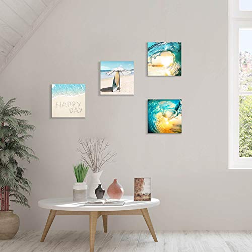 Seashell Beach Pictures Canvas Wall Art For Bathroom Light Blue Wave & Surfboard under the Parasol Canvas Painting Print for Bathroom (12'' x 12'' x 4 Panels) - Image 6