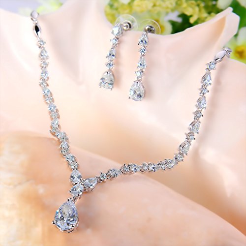 EVER FAITH Gorgeous Cubic Zirconia Charming Water Drop Bridal Bride Necklace Earrings Set Silver-Tone3