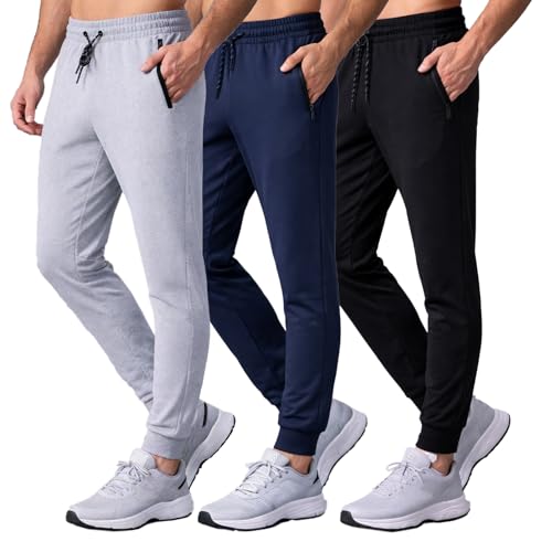 SUGARNO Men's Jogger Sweatpants with Zipper Pockets Track Joggers Sweat Pants for Workout,Gym,Running 3 Packs(Large)
