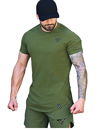 COMBAT FITNESS Mens Gym Workout T-Shirt Muscle Fitted Athlete Sports Training Slim-Fit Bodybuilding Shirt (Combat Olive Green, X-Large)
