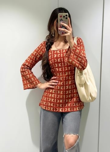 Image of ANNI Designer Women's Viscose Blend Printed Short Kurti | Straight Fit Casual Ethnic Top | Square Neck Full Sleeve Kurta Office College