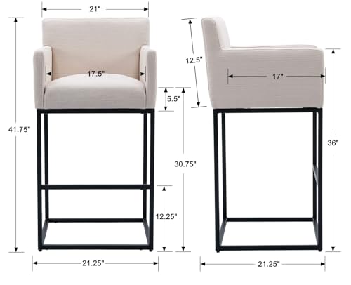 Image of HNY Modern Counter Height Bar Stools Set of 2, Linen Fabric Upholstered Bar Stools with Backs, 30 Inch Kitchen Island Stools with Black Metal Frame, Cream