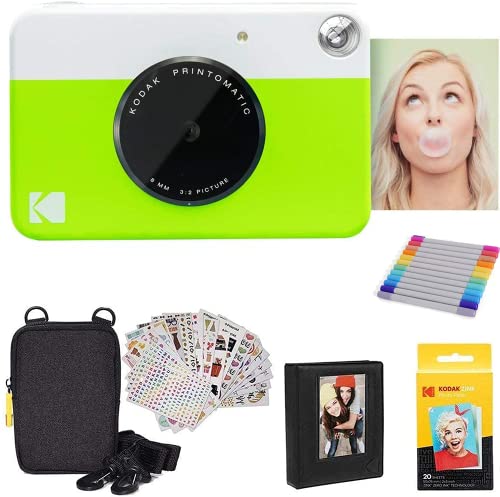 Kodak Printomatic Instant Camera (Green) Gift Bundle + Zink Paper (20 Sheets) + Deluxe Case + 7 Fun Sticker Sets + Twin Tip Markers + Photo Album.