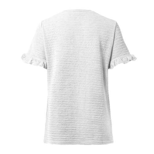 Camiseta de manga corta con cuello redondo y volantes para mujer, Blanco, XL