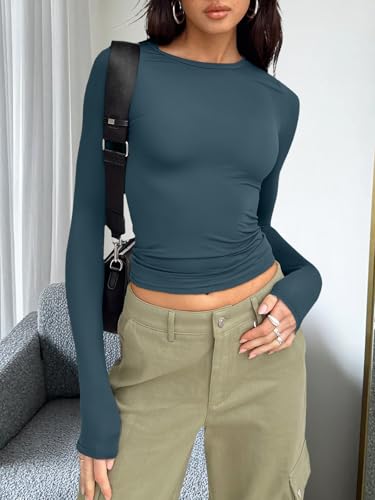 Foto de Trendy Queen Camisetas de manga larga, para mujer, a la moda, de otoño 2025, ombligueras básicas para salir, trajes de entrenamiento, ropa Y2K (imagen 3)