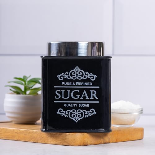 Image of Metallure Home Artisanal Kitchen Storage Jars | Tea, Coffee and Sugar Containers Set of 3 | Airtight Metal Containers for Home | Food Container Set with Secure Lid | Food Safe Kitchen Jar Set (Black)