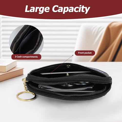 Women Leather Coin Purse, Small Change Wallet Coin Pouch with Key Chain and Zip Portable Change Purse for Women (Black)4