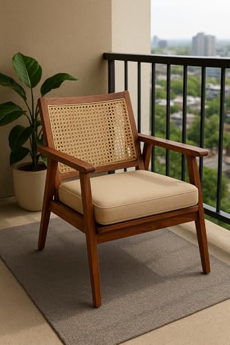 Image of Solid Wood Cane Lounge Chair | Handcrafted Wooden Armchair with Cushioned Seat | Premium Mid-Century Modern Accent Chair for Living Room, Balcony & Bedroom Honey Finish