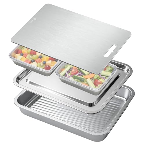 7-in-1 Stainless Steel Grill Prep Trays & Carry System, Large Lidded Marinating Containers with Cutting Board & 2 Food Storage Containers with Lids, Stackable BBQ Grill Accessories for Outdoor Cooking
