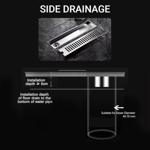 Image of Shower Drain Channel 12 x 4 Inch Vertical Outlet 304 Stainless Steel Floor Drain Jali with Collar Heavy Duty Water Drain Channel for Bathroom Side Hole