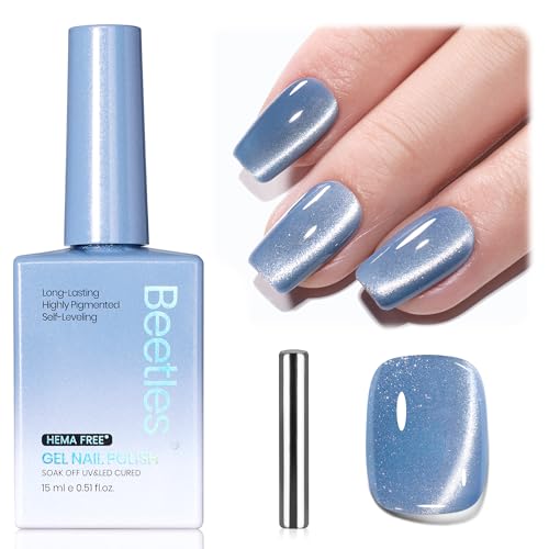 Image of Beetles Glacial Sigh Blue Cat Eye Gel Nail Polish - 15ML Full Size Light Glitter Gel Polish with Magnet Soak Off UV Velvet Nail Polish Salon DIY Nail Art Manicure Gift for Women
