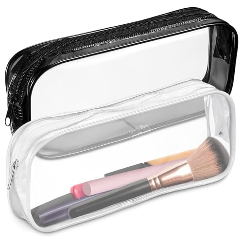 2 Unidades Neceser Transparente de PVC con Cremallera Estuche para Maquillaje y Cosmética, Portalápices para Escuela Organizar Impermeable, Ligero, Ideal para Organizar (Incluye Negro y Blanco)