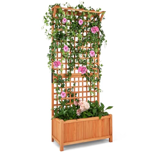 HOMASIS Hochbeet mit Rankgitter & Dach, Blumenkasten mit Spalier & Drainagelöchern, Pflanzkasten Holz, Pflanzkübel Rankkasten Gartenspalier für Balkon, Garten, Terrasse, Orange (75x33x181cm)