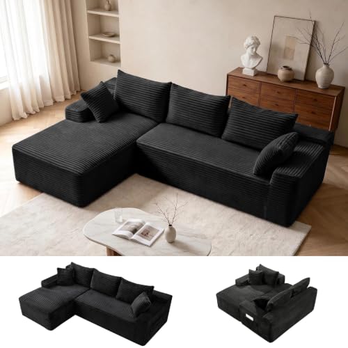 Image of 106.3 inch L Shaped Boneless Sectional Corduroy Couches for Living Room (Black)