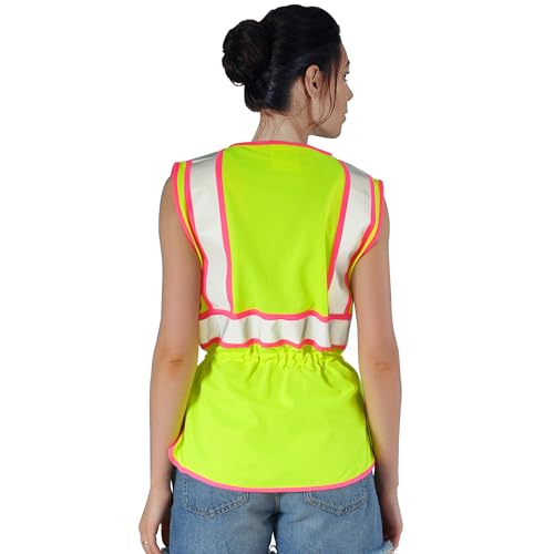 Image of FATONE Women's ANSI Class 2 High-Vis Safety Vest with Reflective Strips, Zipper Pockets & Adjustable Waist - Yellow /Pink Construction Work Vest for Warehouse Personnel, Road Crews, M, 3PCS