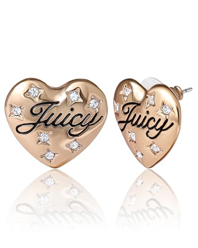 Juicy Couture Script Logo Constellation Heart Stud Earrings for Women with Clear Stones, Juicy Earrings Gold Tone