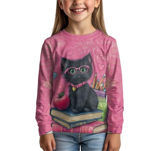 Image of Girls Cartoon Print Long Sleeve Graphic Tee Casual Crew Neck T-Shirts for 3-16 Years Little Girls