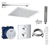 Dieses Set enthält Duscharmatur und Einbaubox von Grohe, Duschkopf mit Wandarm, Handbrause, Wandausgang für Handbrause und Brauseschlauch alles in polierter Ausführung