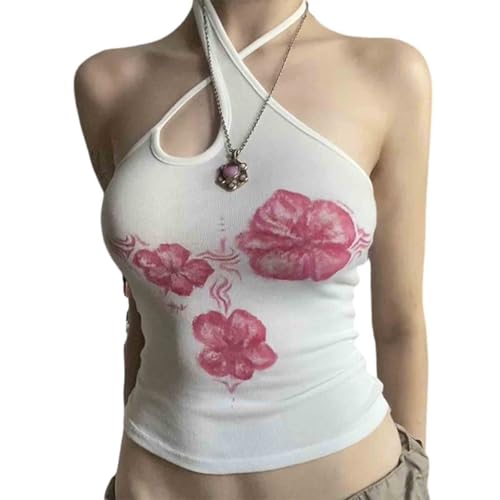 Women's Neck Hanging Knitted Suspender Sleeveless Floral Print Slim fit top, Vacation Style Vest